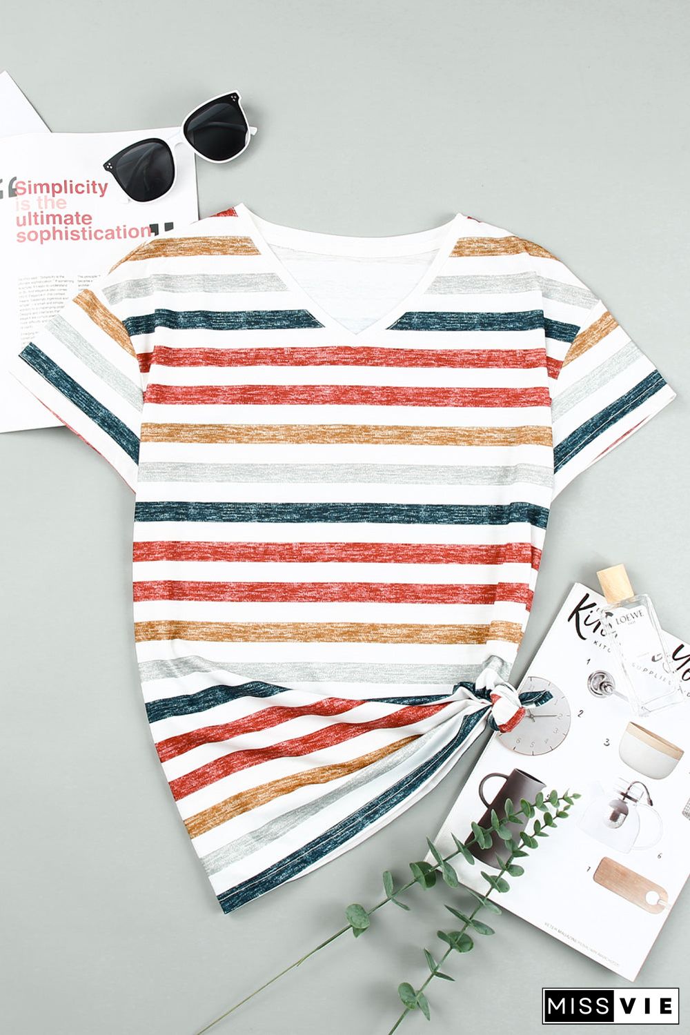 Multicolor Stripes V Neck T-Shirt