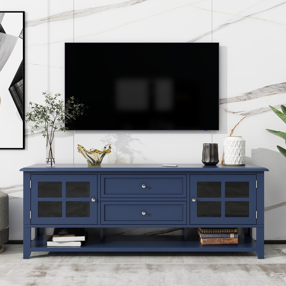 Multifunctional Storage TV Stand for Livingroom  Slight Design Entertainment Center with 2 Drawers and 2 Tier Shelves  Blue