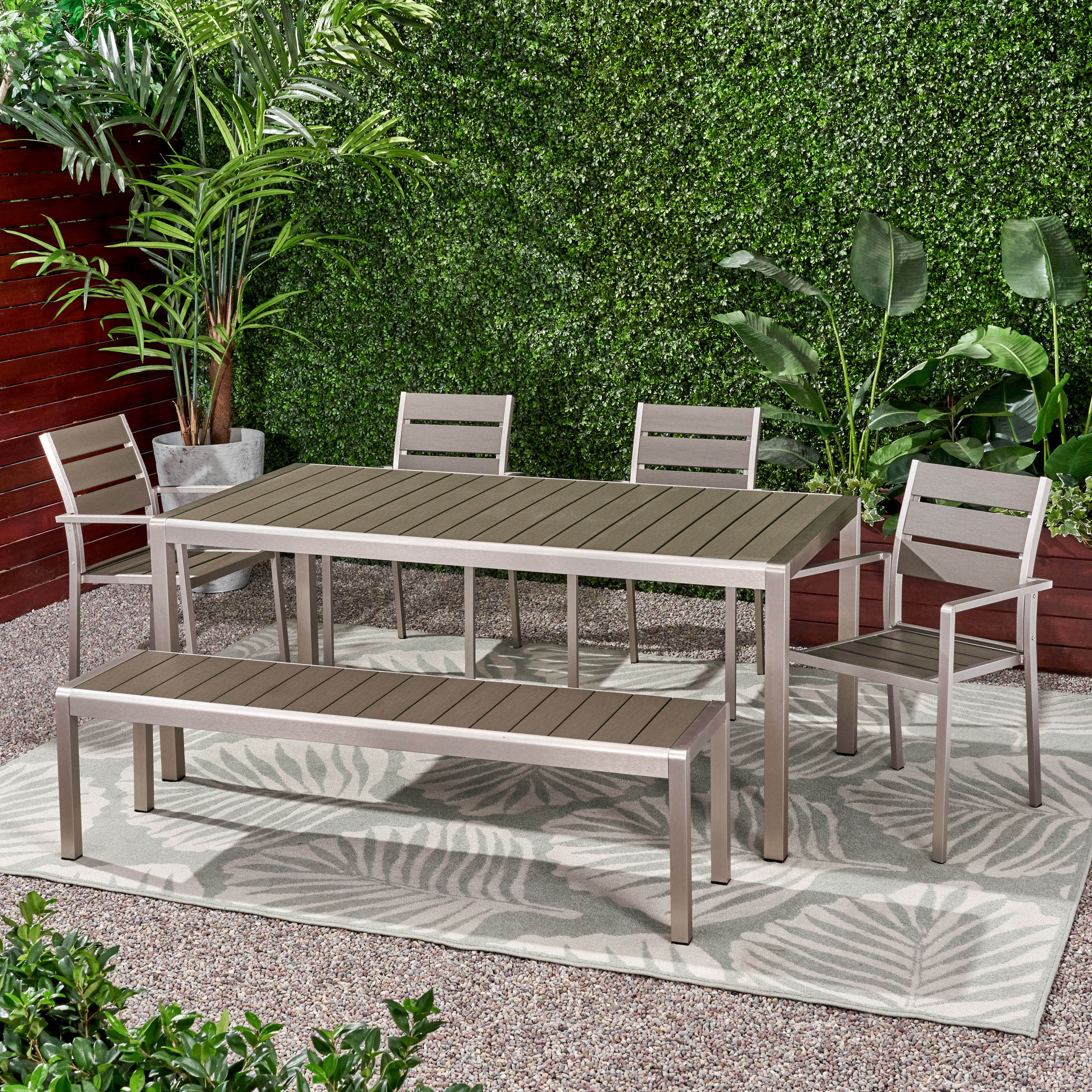 Cherie Outdoor Modern Aluminum 6 Seater Dining Set with Dining Bench