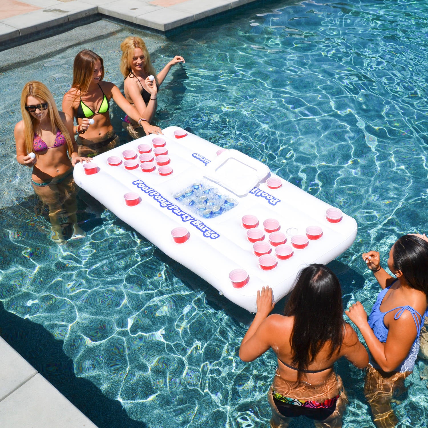 GoPong Inflatable Swimming Pool Party Barge Floating Beer Pong Drinking Table with Cooler - 6 Foot Floating Beer Pong Table