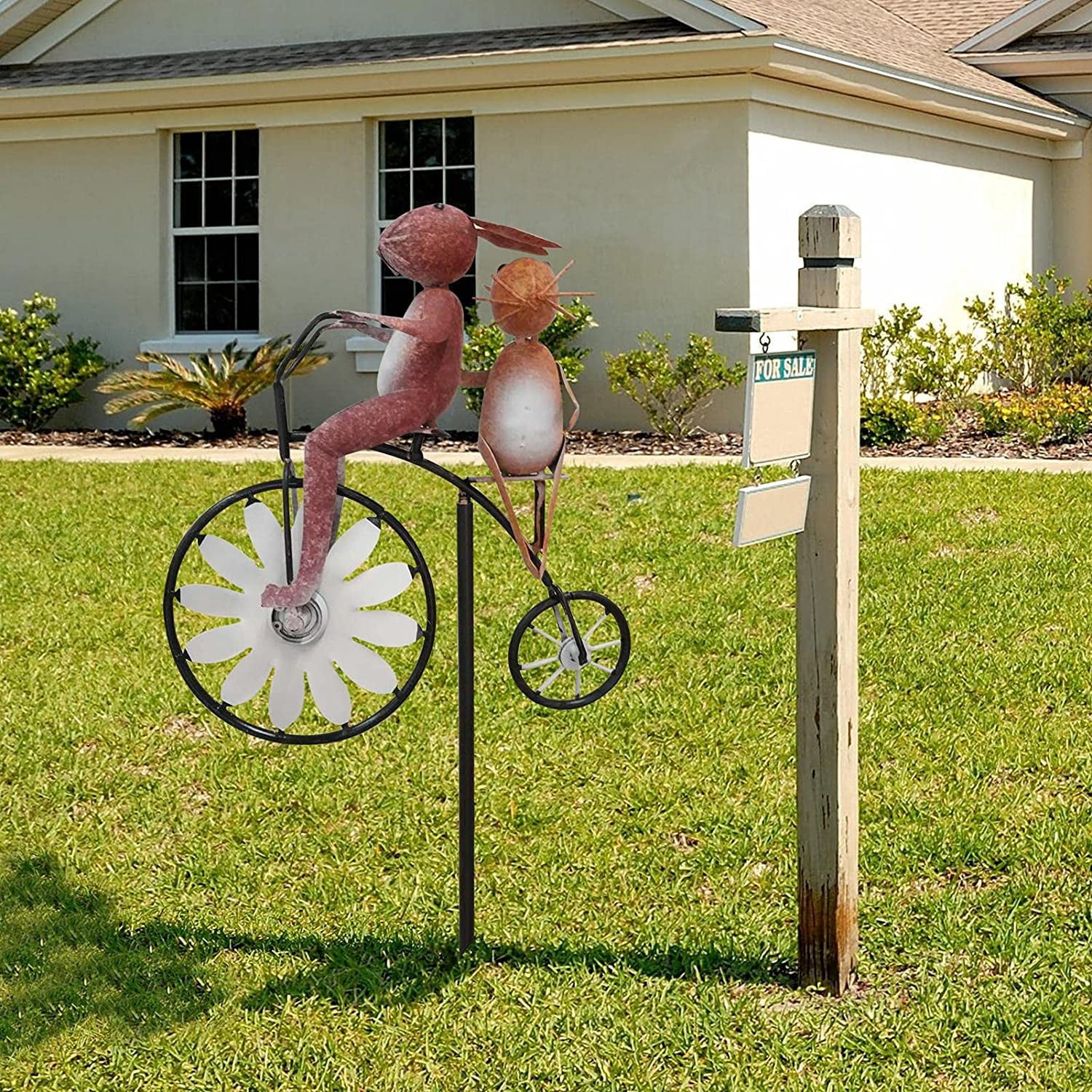 Originalsourcing Rabbit Garden Statues, 30'' Metal Rabbit Couple on a Vintage Bicycle Wind Spinner Yard Art,Garden Stakes Weathervanes Sculptures, Rabbit Lovers Garden Sculpture Christmas Decor