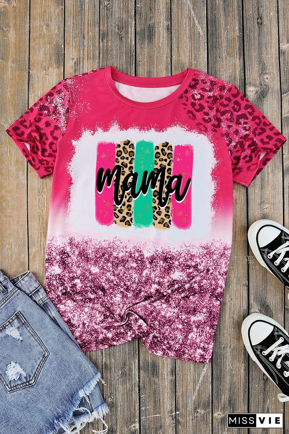 Pink Bleach mama Leopard Print Short Sleeve Round Neck Tee