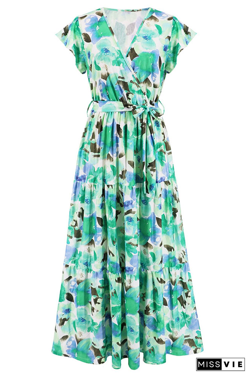 V Neck Flare Sleeves Floral Maxi Dress With Sash