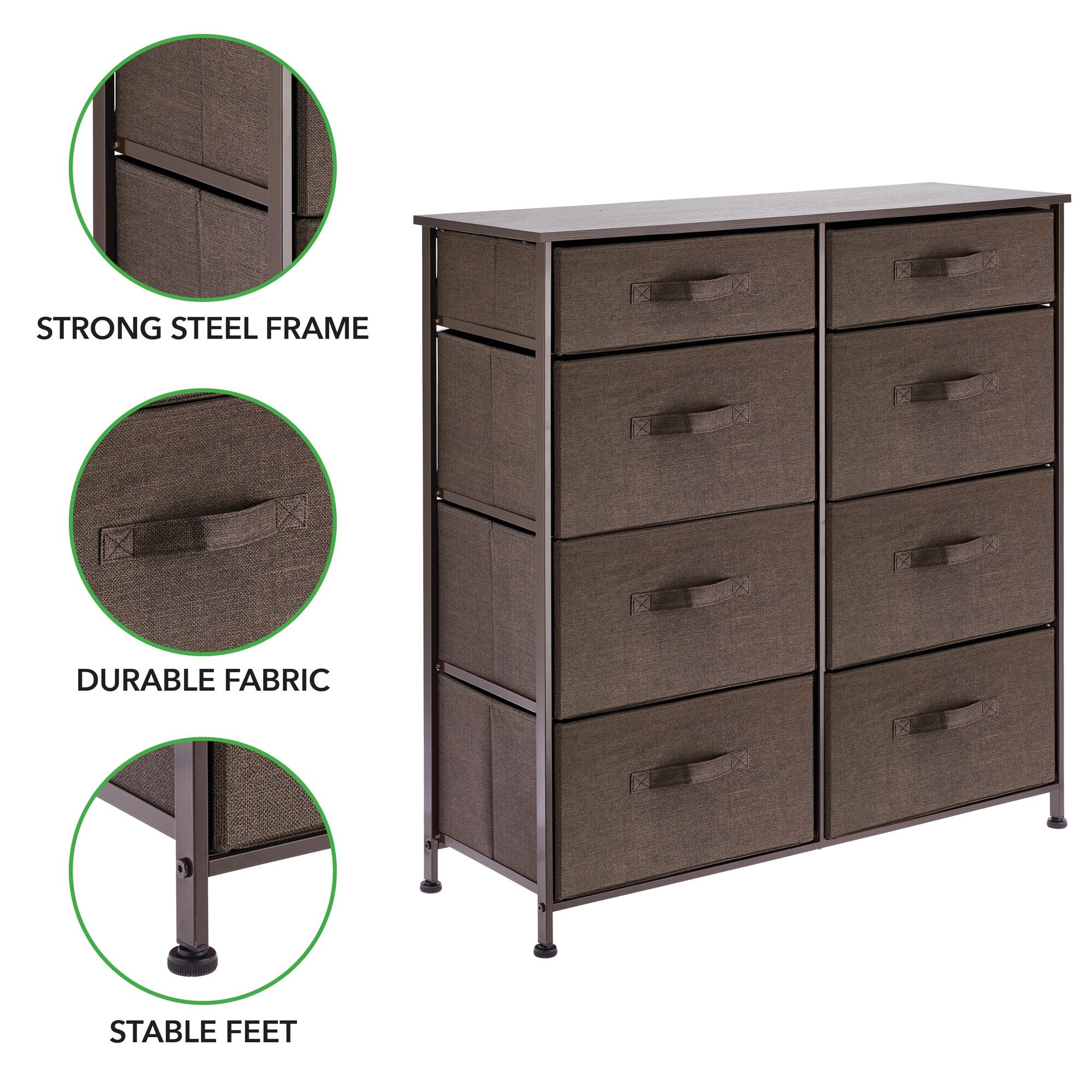 mDesign Tall Steel Frame/Wood Top Storage Dresser Furniture Unit with 8 Slim Removable Fabric Drawers, Large Bureau Organizer for Bedroom, Living Room, Closet - Lido Collection, Espresso Brown