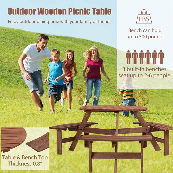 Brown 6Person Circular Outdoor Wooden Picnic Table 3 Builtin Benches