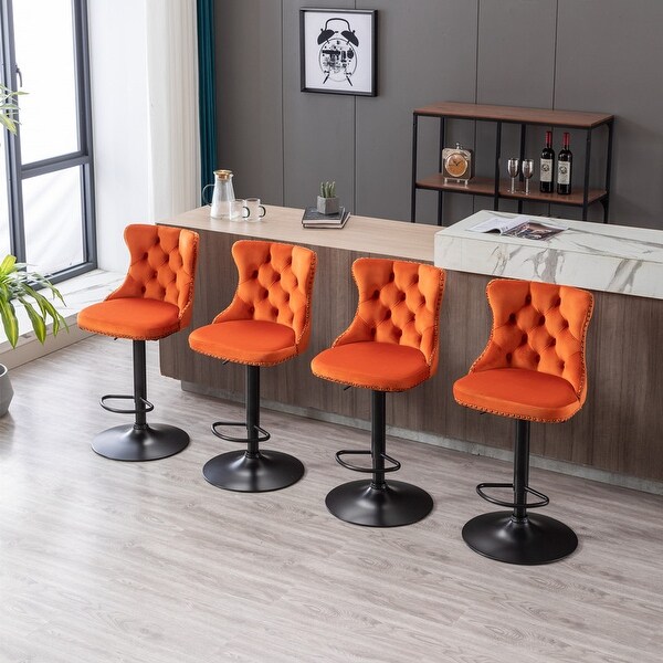 Swivel Velvet Orange Barstools Adjusatble Seat Height (Set of 2)