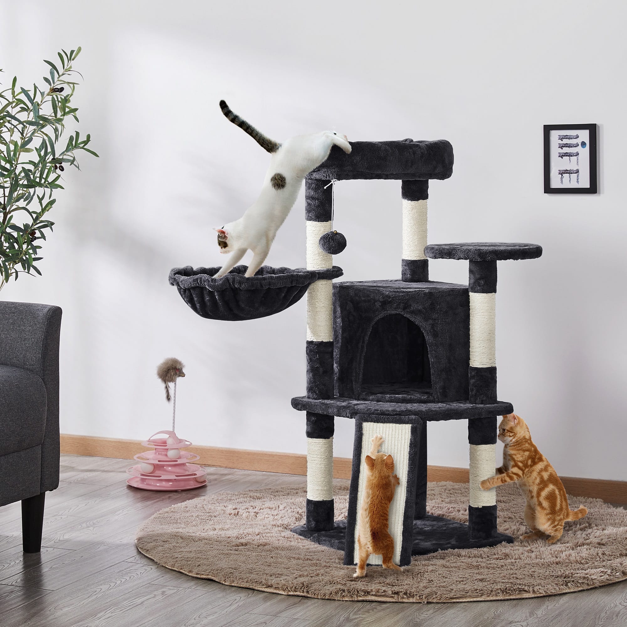 Topeakmart Black Medium Plush Cat Tree Condo with Basket， 42