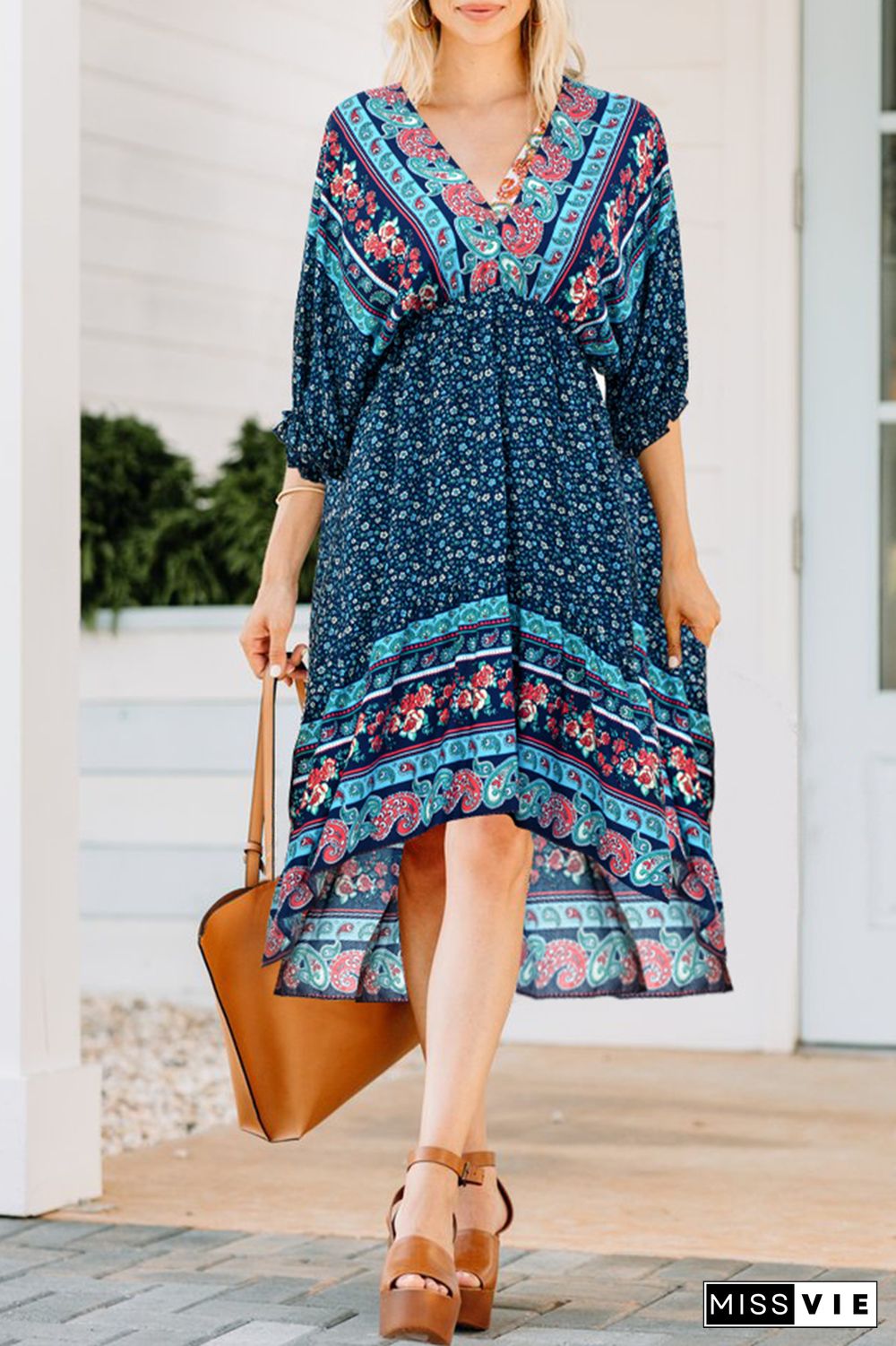 Casual Print Split Joint V Neck Irregular Dress Dresses