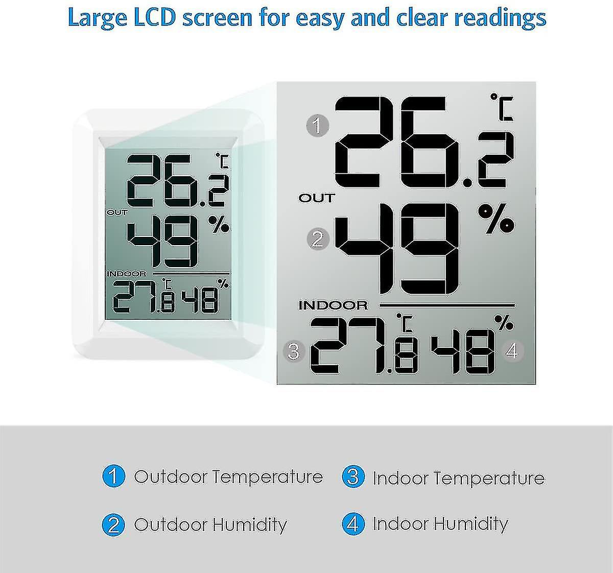 Indoor And Outdoor Thermometer， Smart Thermometer With Wireless Outdoor Sensor， Digital Hygrometer Thermometer With Large Lcd Display， / Switch