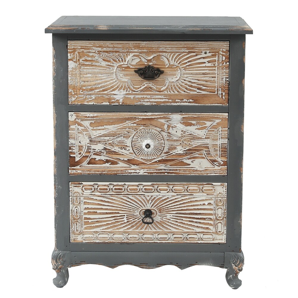 Rustic Weathered Grey Carved Wood 3 drawer Chest Nightstand