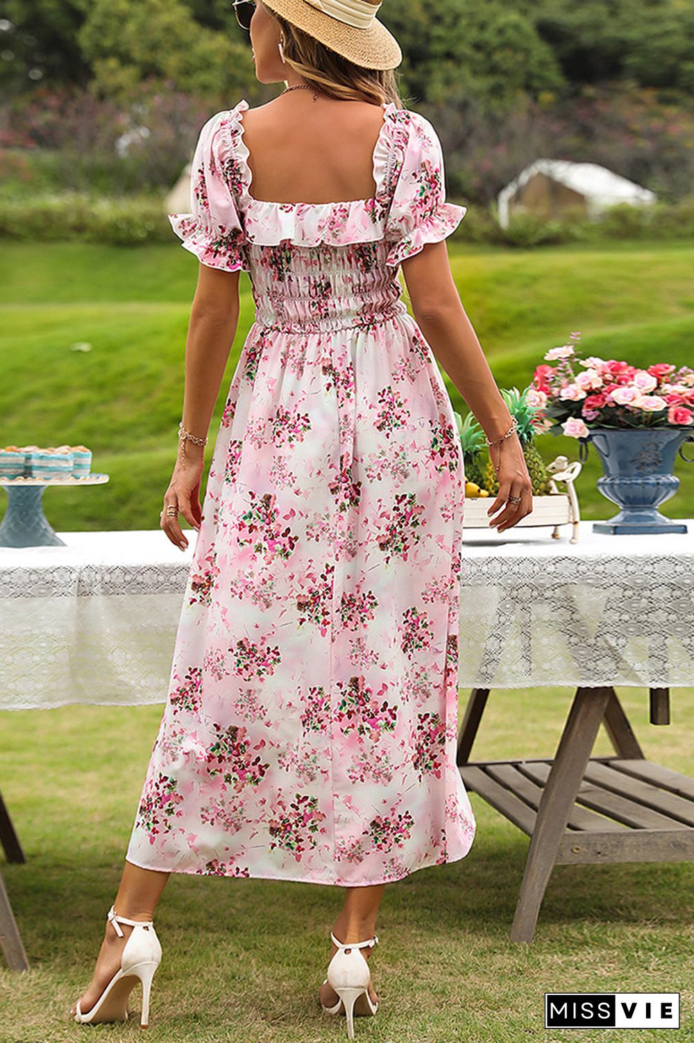 Pink Floral Square Neck Smocked Ruffles Maxi Dress