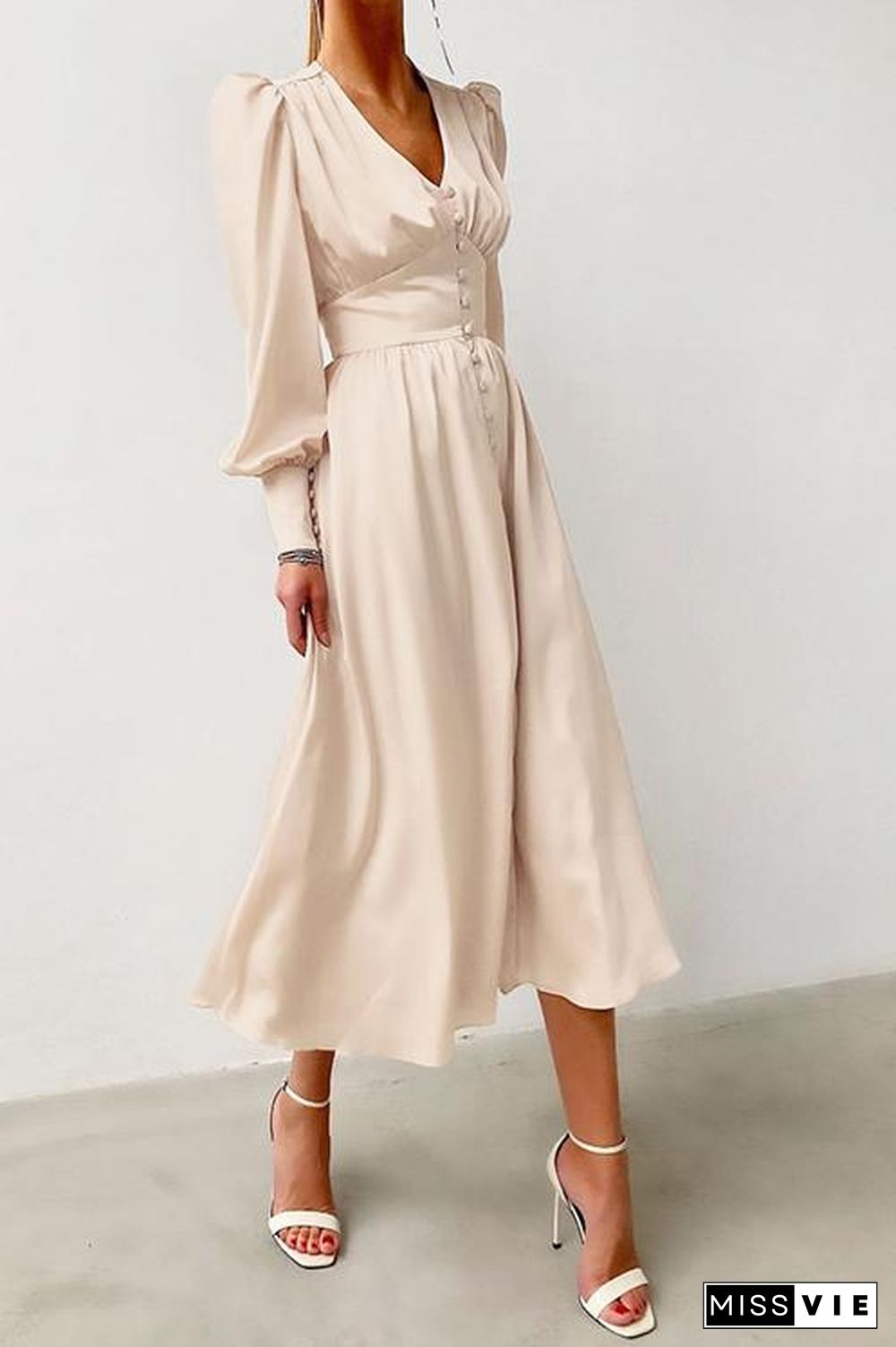 Satin Button Puff Long Sleeve Dress