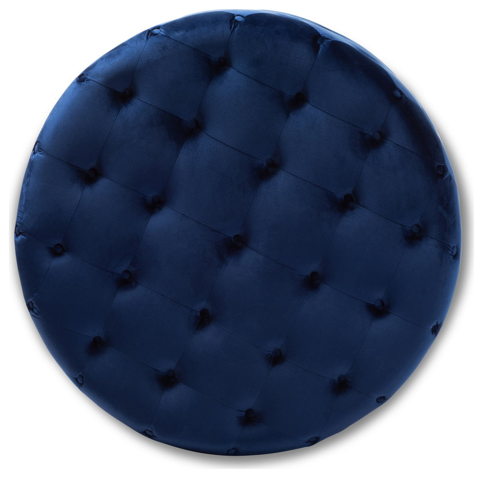 Contemporary Round Ottoman   Over Button Tufted Velvet Upholstery  Royal Blue   Contemporary   Footstools And Ottomans   by Decor Love  Houzz