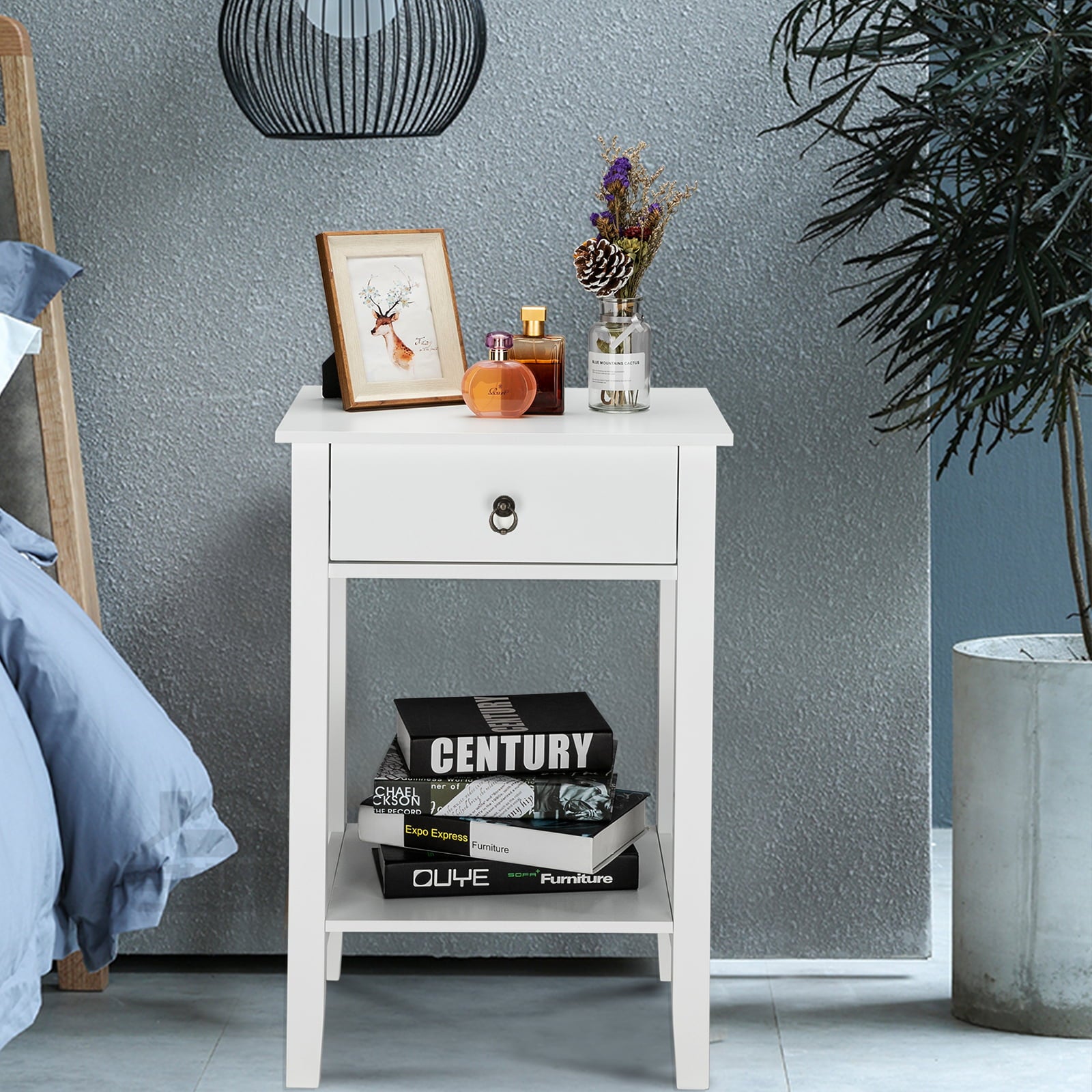 UBesGoo Night Stand Storage Bedside Table with Drawers Cabinet Multi Function Shelf Modern Fashion Design White