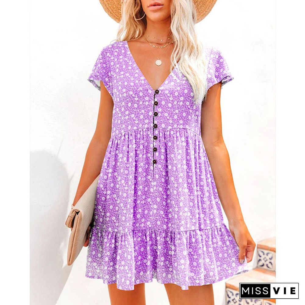 XS-8XL Spring Summer Dresses Plus Size Fashion Clothes Women's Casual Short Sleeve Dress Ladies Button Up Floral Flower Printed Dress Patchwork Loose Mini Pleated Dress Beach Wear Short Party Dress