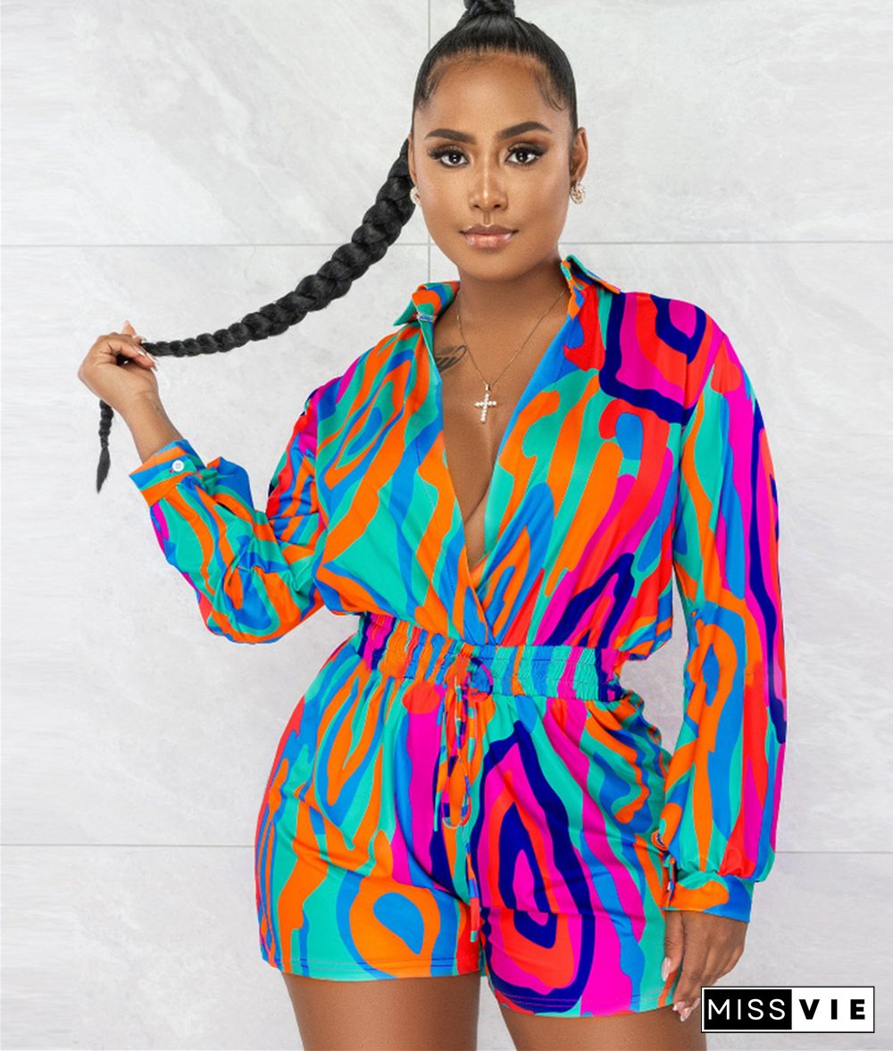 Turn Down Collar Causal Long Sleeve Print Rompers