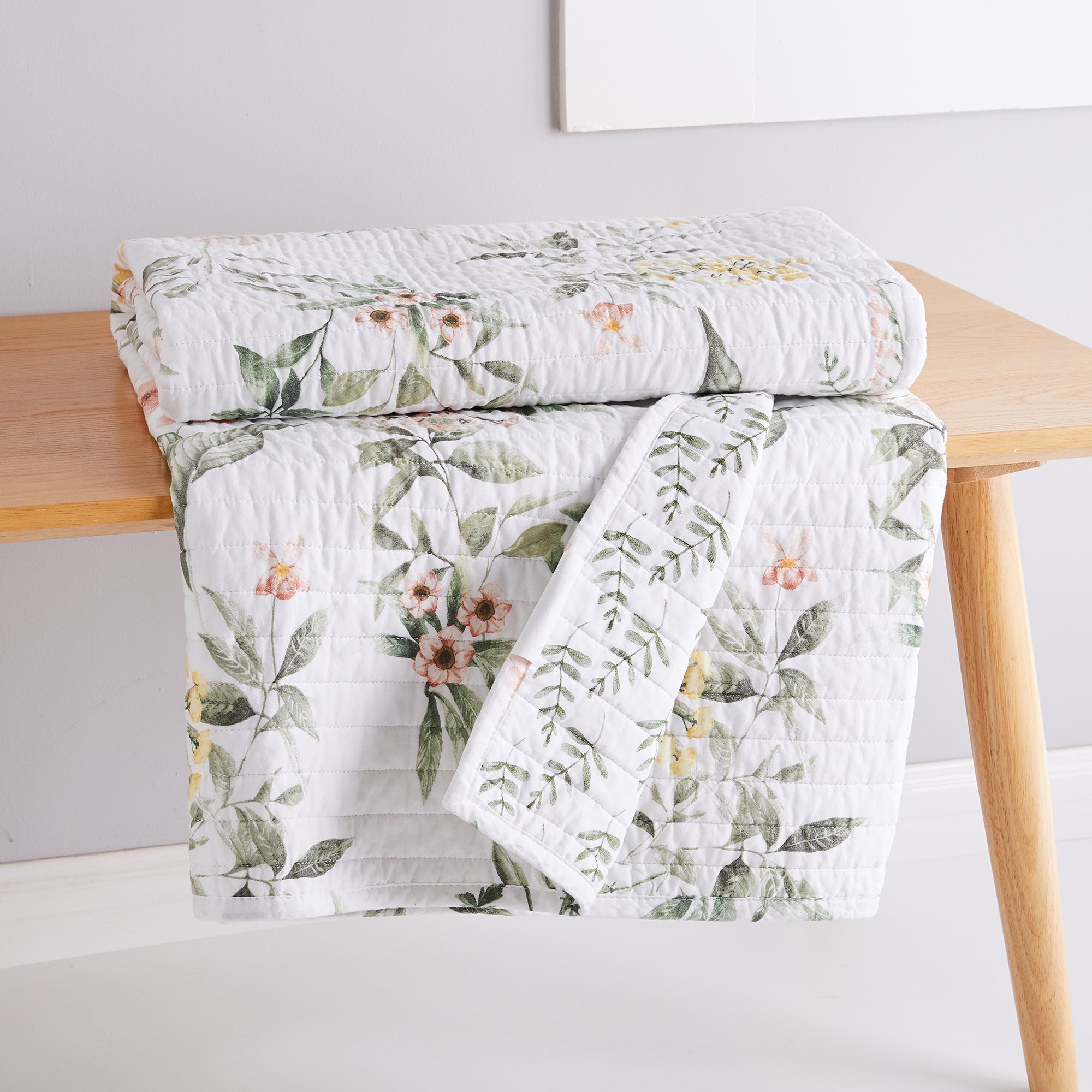 Levtex Home - Viviana - Quilted Throw - Botanical Floral - Coral, Green, Yellow, Cream - 50x60in. - Reversible - Cotton