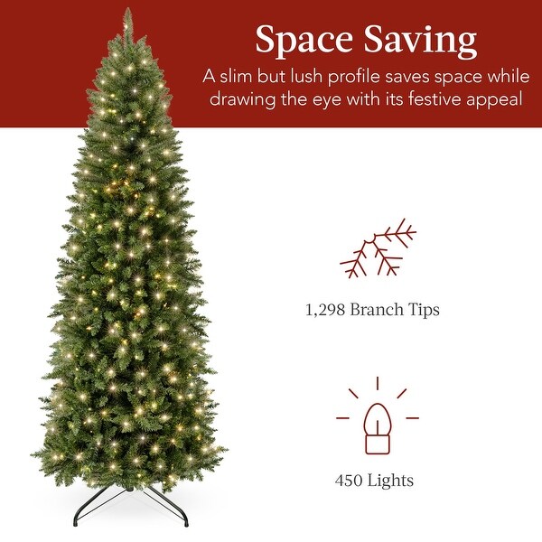 9ft PreLit Pencil Christmas Tree，Skinny Spruce Slim Holiday Decoration w/ 1，298 Tips，450 Lights，Metal Hinges and Base