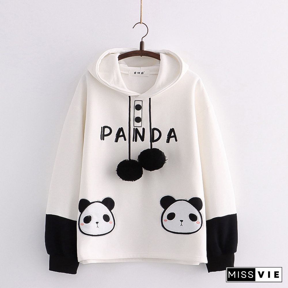 Cartoon Panda Letter Print Colorblock Plush Hoodie