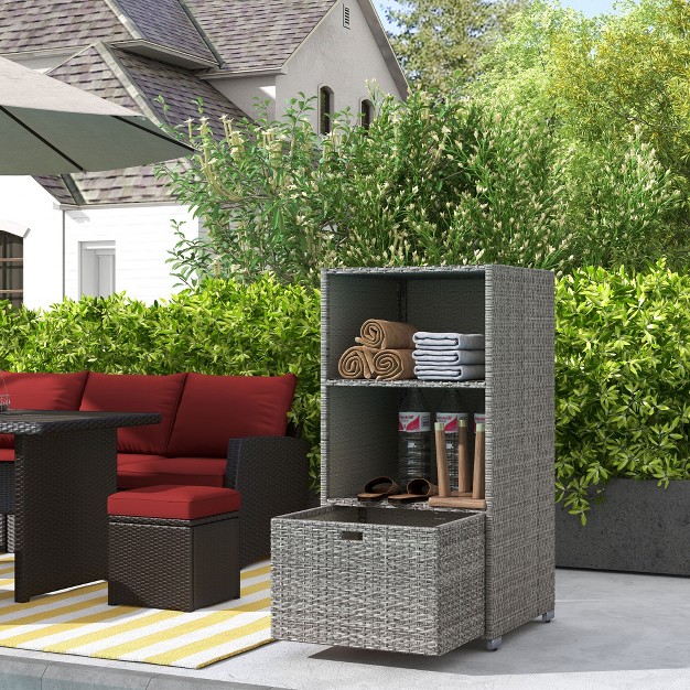 Outsunny Patio Wicker Pool Caddy Pe Rattan Storage Cabinet Holder Outdoor Towel Rack For Pool For Space Saving Design