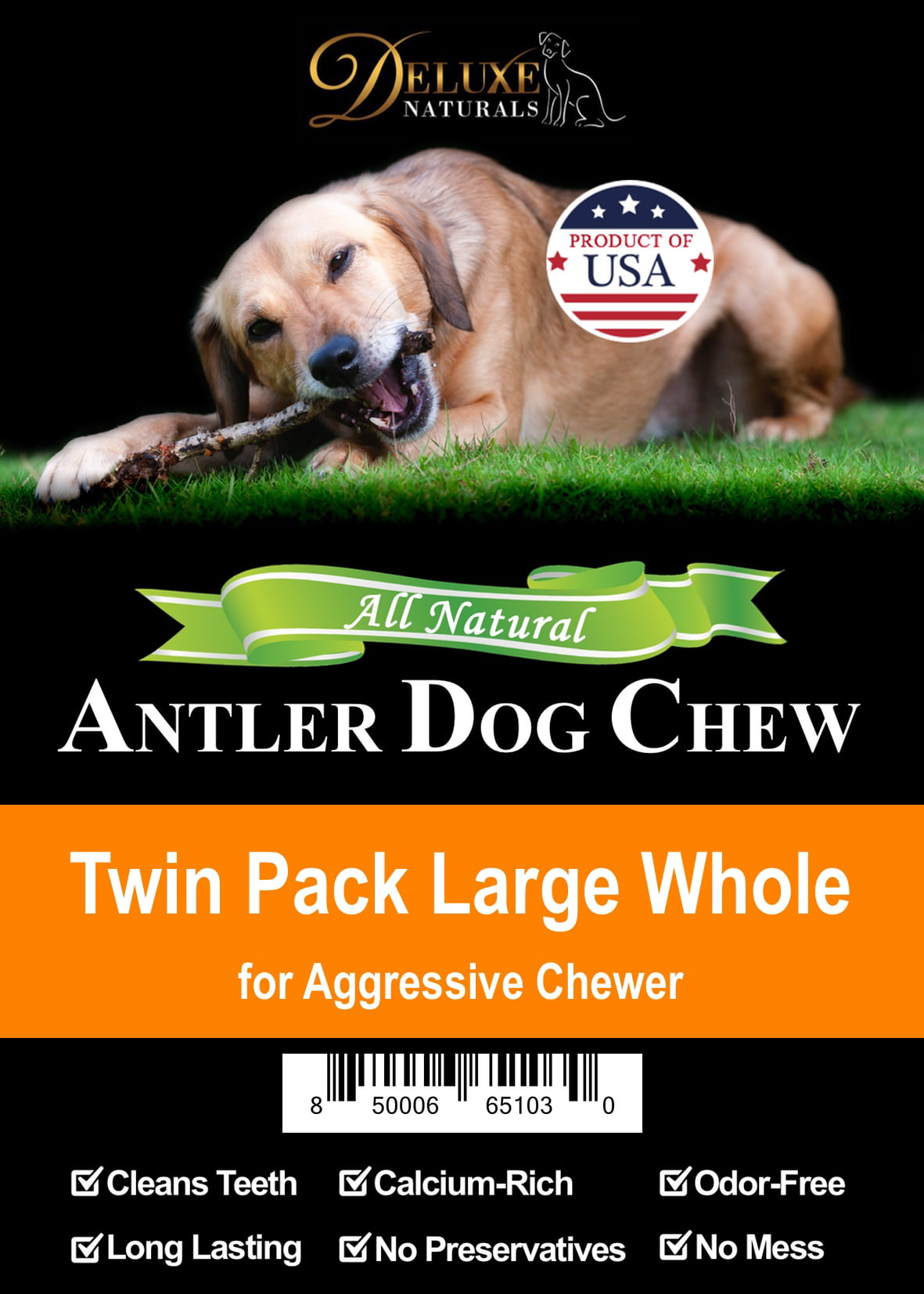 Deluxe Naturals Elk Antler Dog Chew Twin Pack， Large Whole Antlers