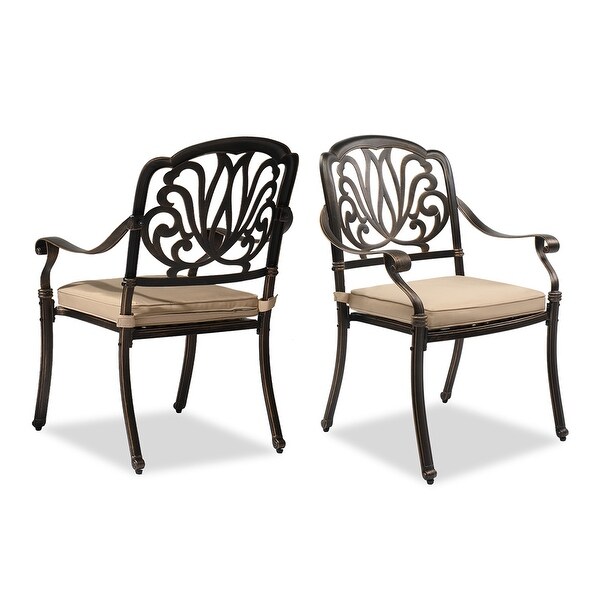 Set of 2 Cast Aluminum Patio Stackable Dining Chairs with Cushions