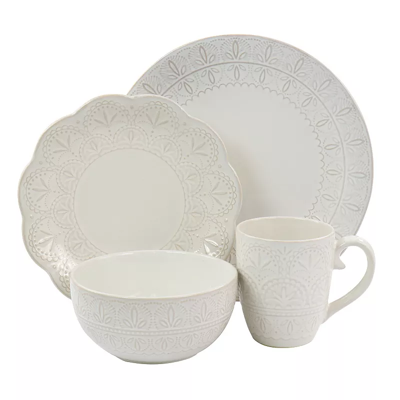 Elama White Lace 16 Piece Luxurious Stoneware Dinnerware with Complete Setting for 4