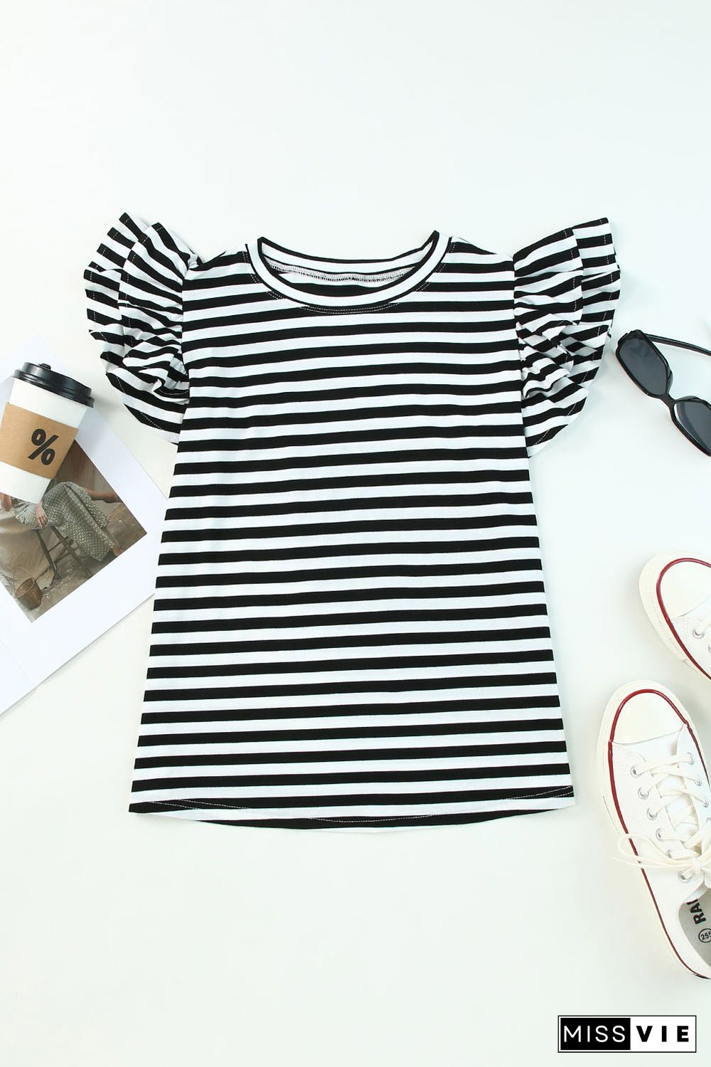 White Stripe Print Tiered Ruffled Sleeve Tee