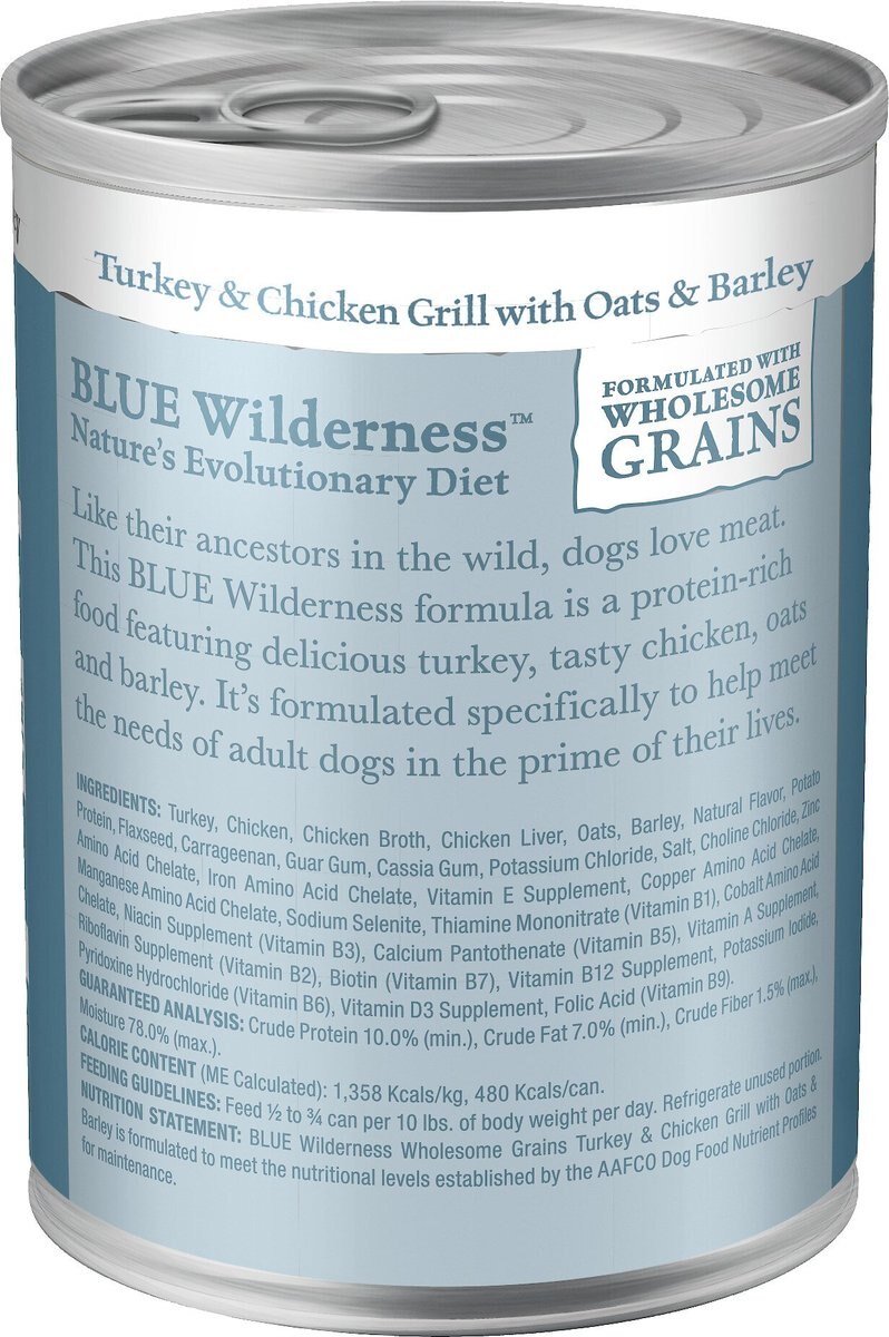 Blue Buffalo Wilderness Turkey and Chicken Grill with Oats and Barley Adult Wet Dog Food， 12.5-oz， case of 12