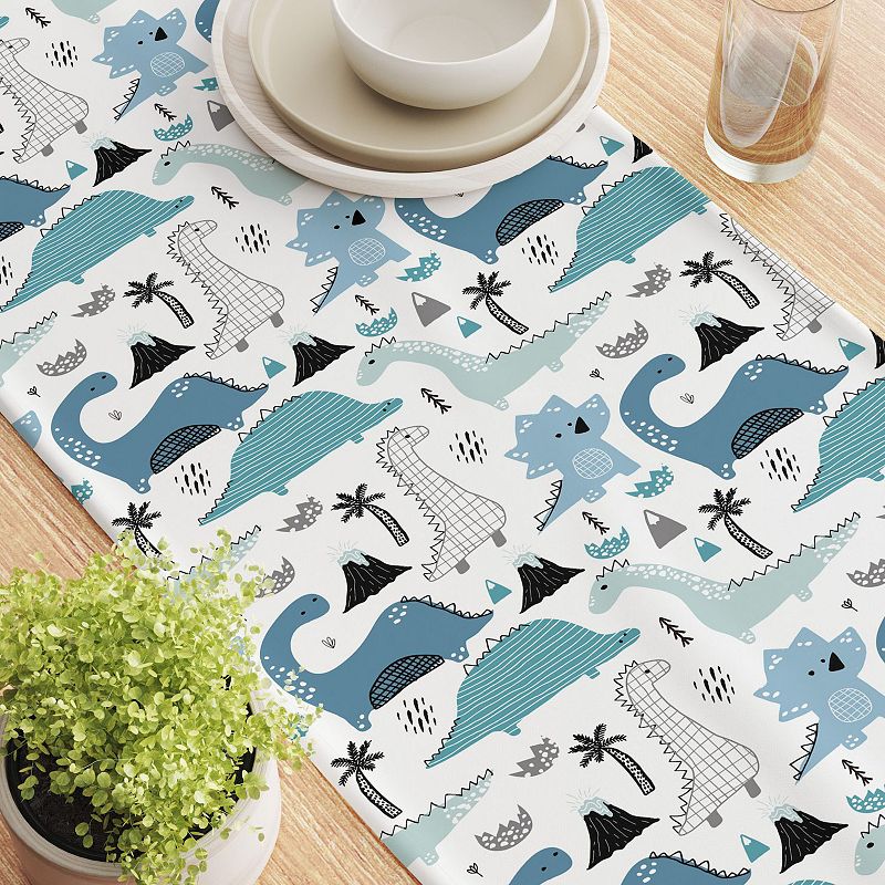 Table Runner， 100% Cotton， 16x108， Hand Drawn Dinosaurs