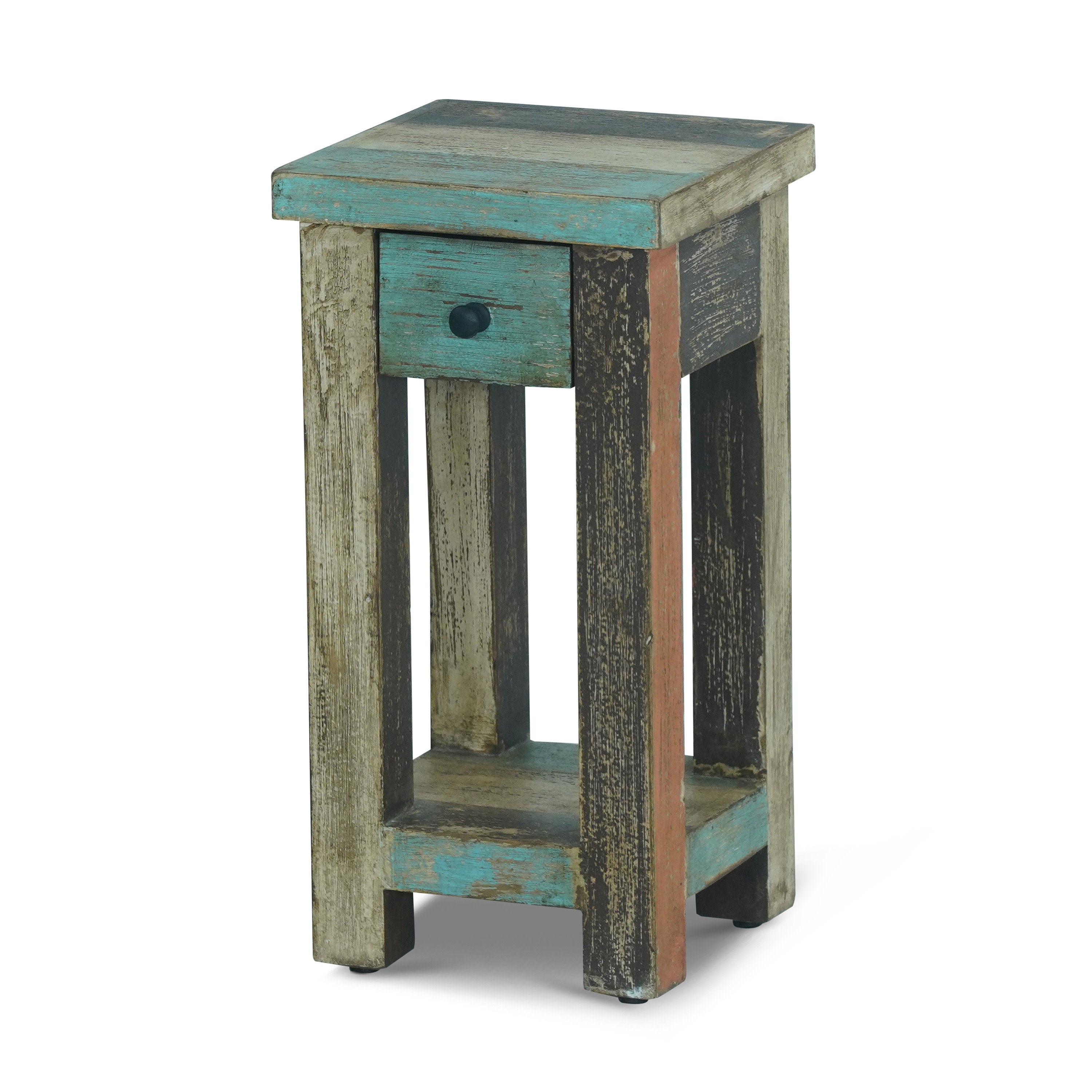 Tracey Boho Handmade Distressed Mango Wood Small Side Table, Multicolored