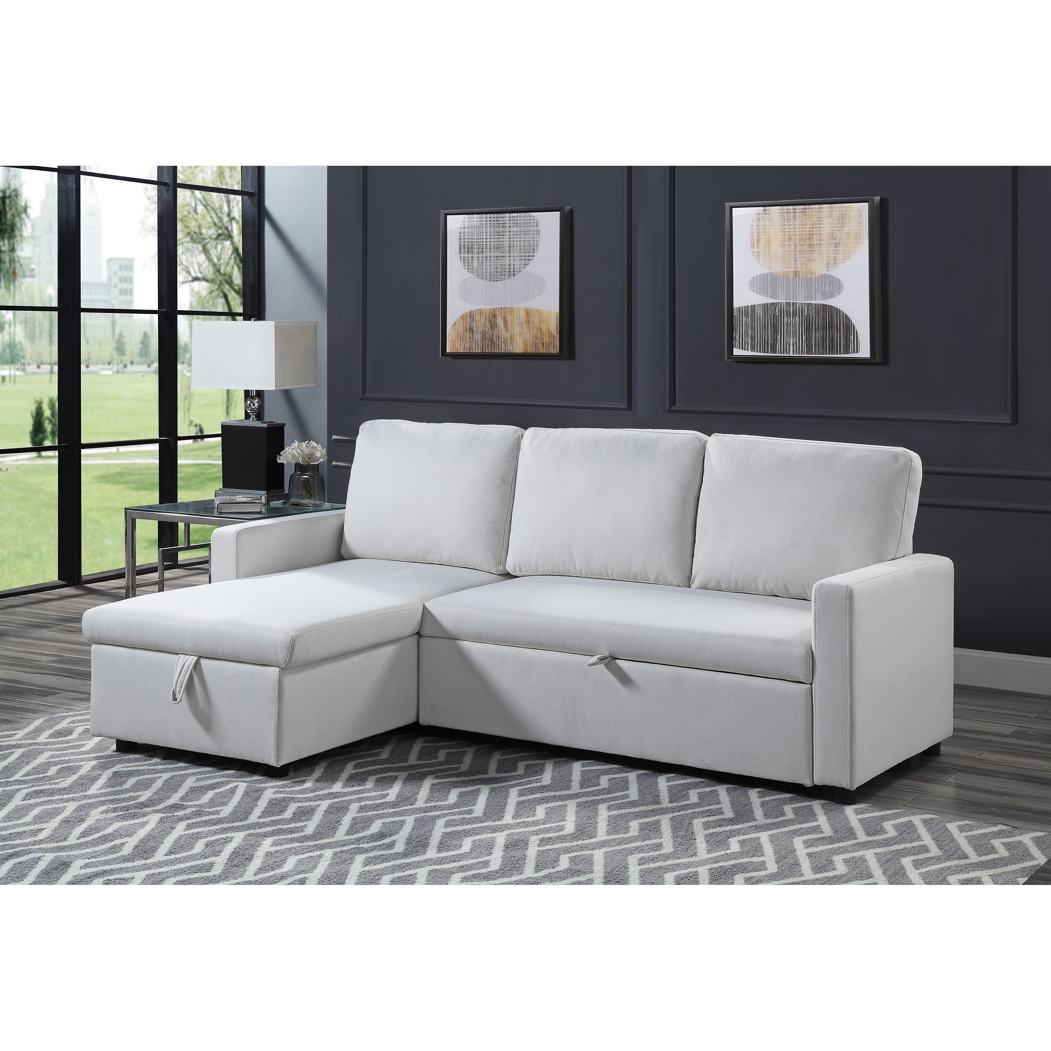 White Fabric Wooden Sleeper Sectional Sofa with Storage， Loveseat with Pull-Out Bed， Reversible， Plastic Legs