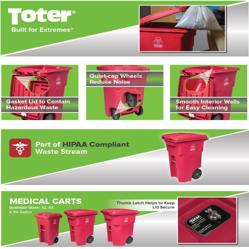 Toter 64 Gal. Red Hazardous Waste Trash Can with Wheels and Lid Lock RMN64-01RED