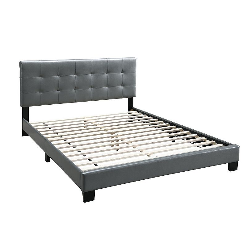 Queen Leatherette Bed with Checkered Tufted Headboard， Gray