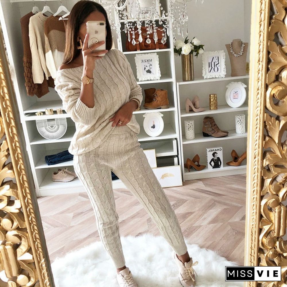 5 Colors 2Pcs Women Solid Sweater Suit And Sets Casual Knitted Sweaters Pants Woman Casual Knitted Trousers+Jumper Tops Clothing Set