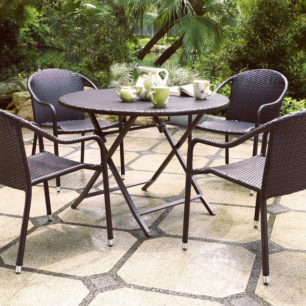 Palm Harbor 5pc Outdoor Wicker Dining Set Brown Crosley All weather Resin Uv resistant Stackable Chairs Foldable Table