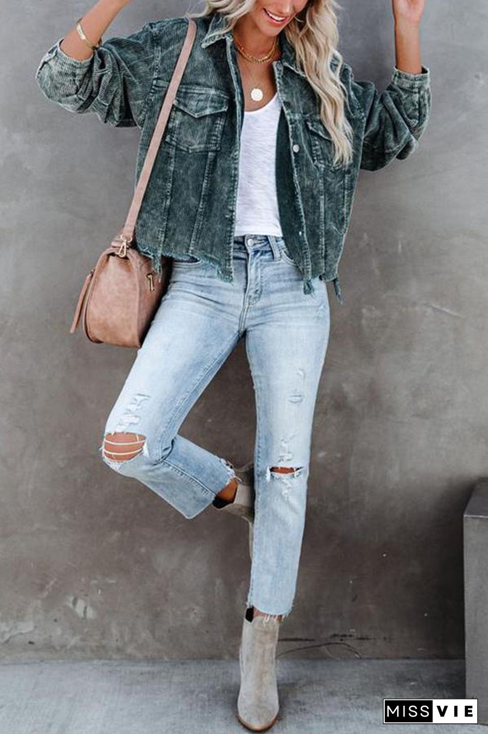 Frayed Hem Cropped Corduroy Jacket