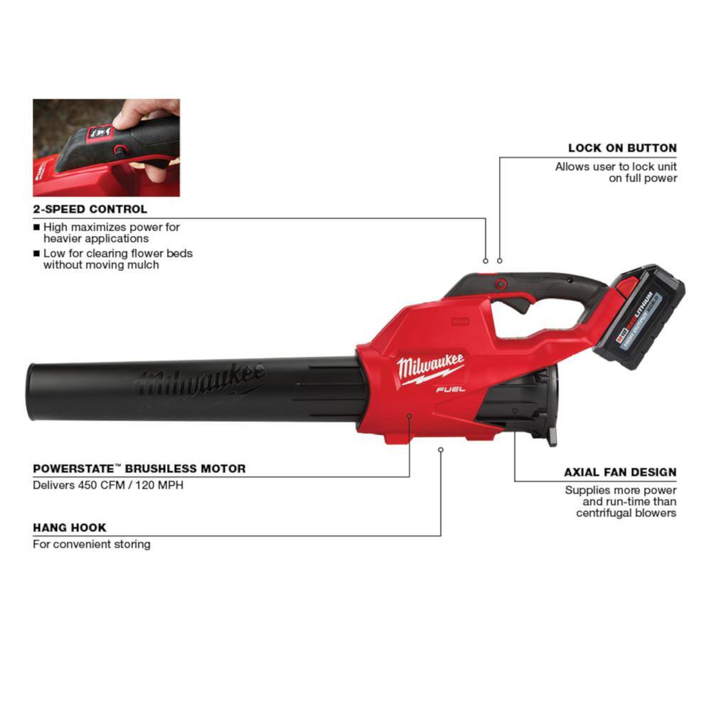 MW M18 FUEL 120 MPH 450 CFM 18-Volt Lithium-Ion Brushless Cordless Handheld Blower Kit wM18 FUEL 16 in. Chainsaw(2-Tool) 2724-21HD-2727-20