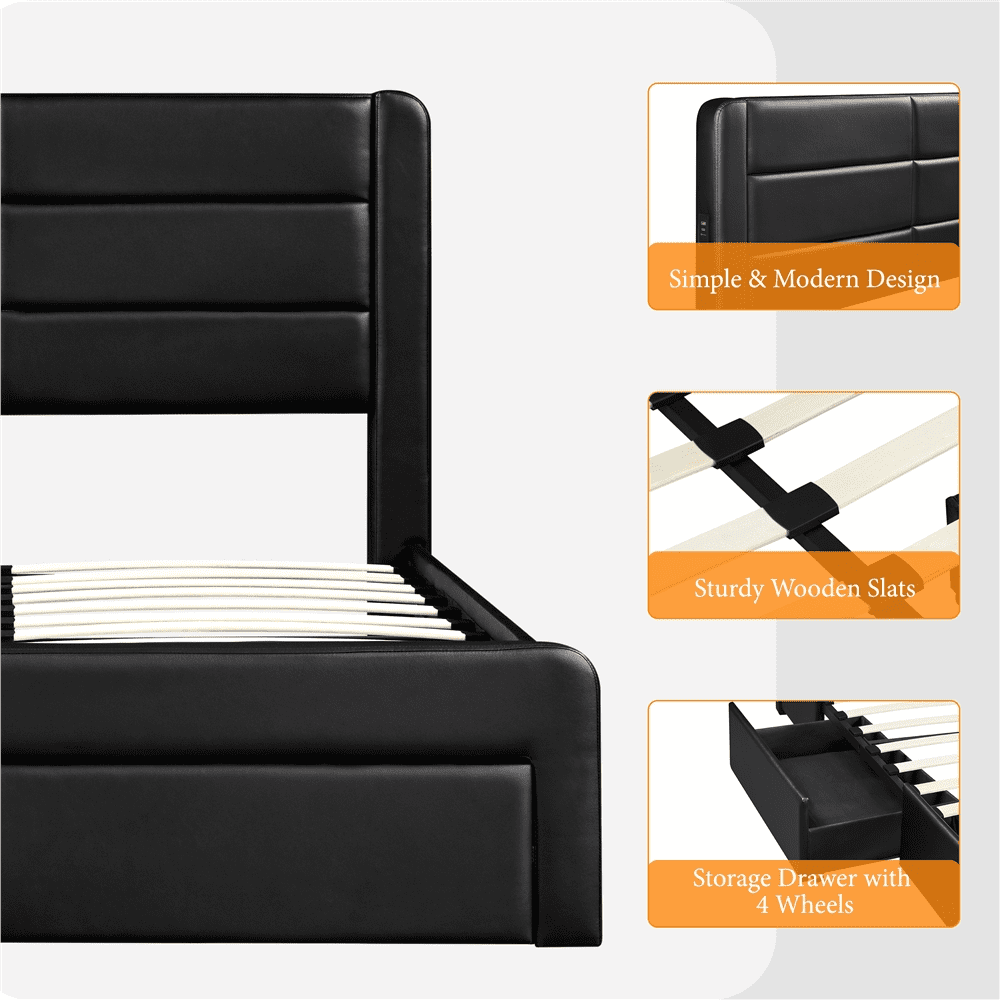 Yaheetech Upholstered Queen Bed with 3 Storage Drawers and Built-In USB Ports/Leather,Black