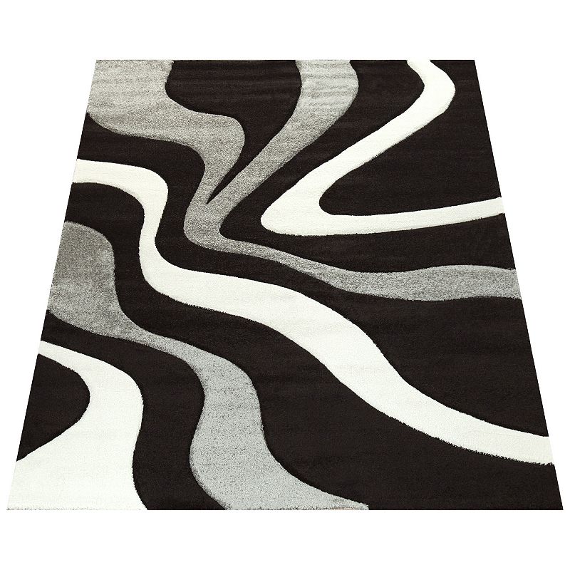 Designer Rug with Contour Cut and Modern Wave Pattern