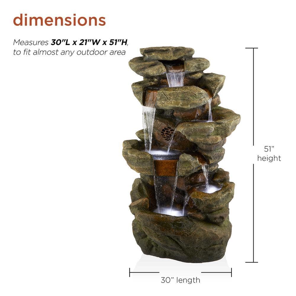 Alpine Corporation 51 in. Tall Outdoor Rainforest Floor Tiered Fountain with LED Lights and Bluetooth Speaker TZL199