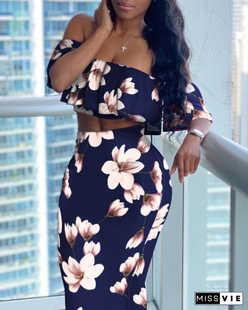 Off Shoulder Ruffle Trim Floral Print Crop Top & Skirt Set