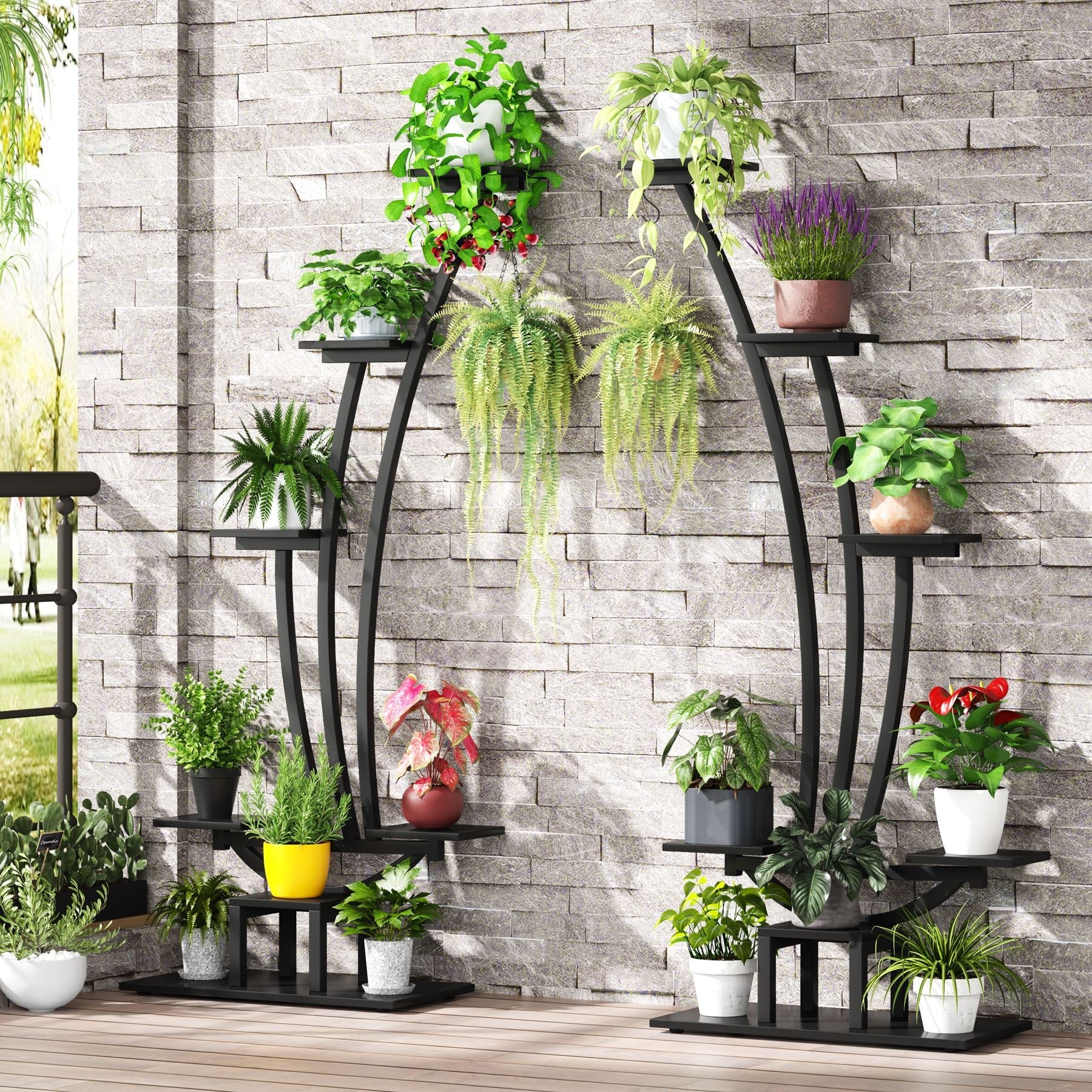 6-Tier Plant Stand Pack of 2, Metal Curved Display Shelf with 2 Hanging Hooks