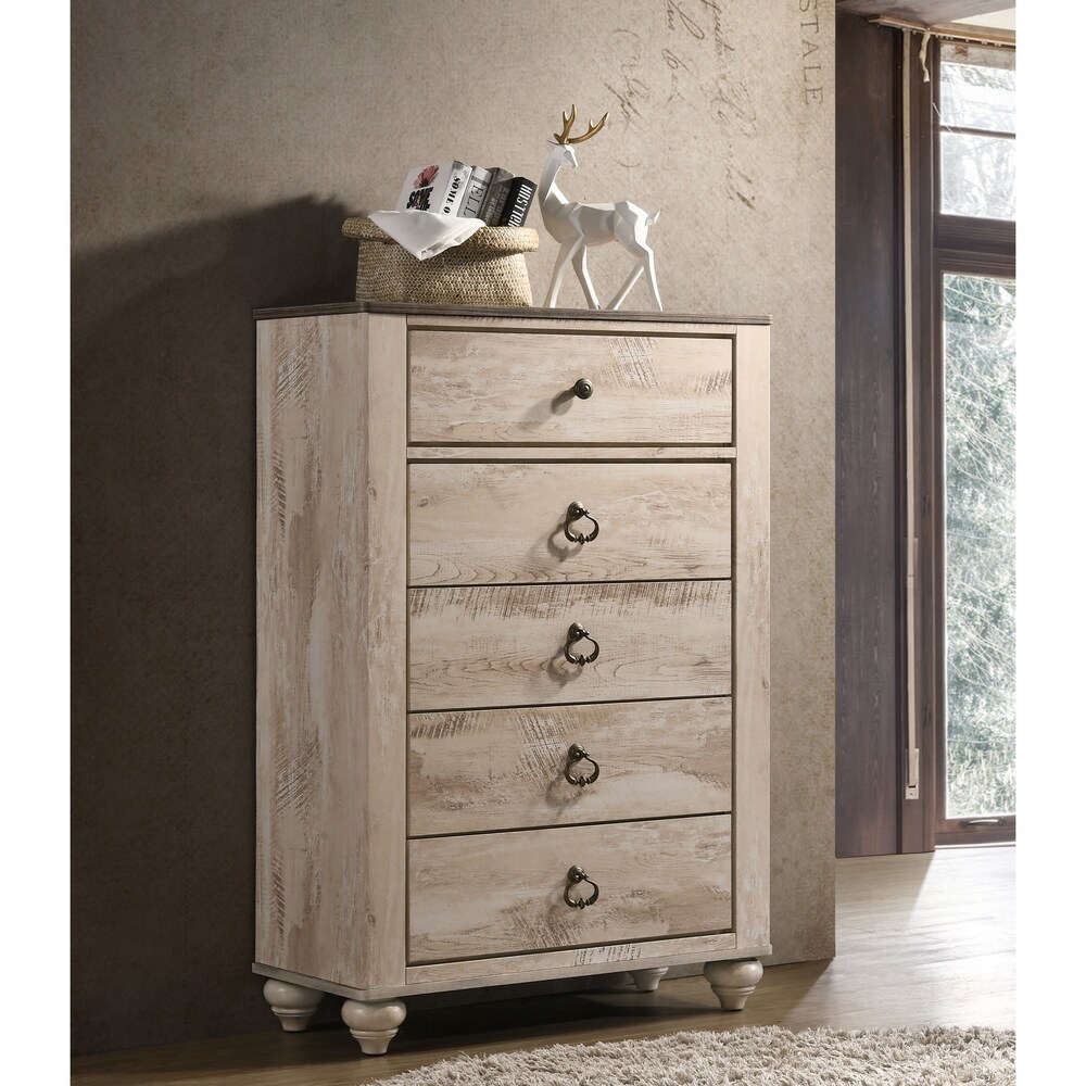 Roundhill Furniture Imerland Contemporary White Wash Finish Patched Wood Top Chest