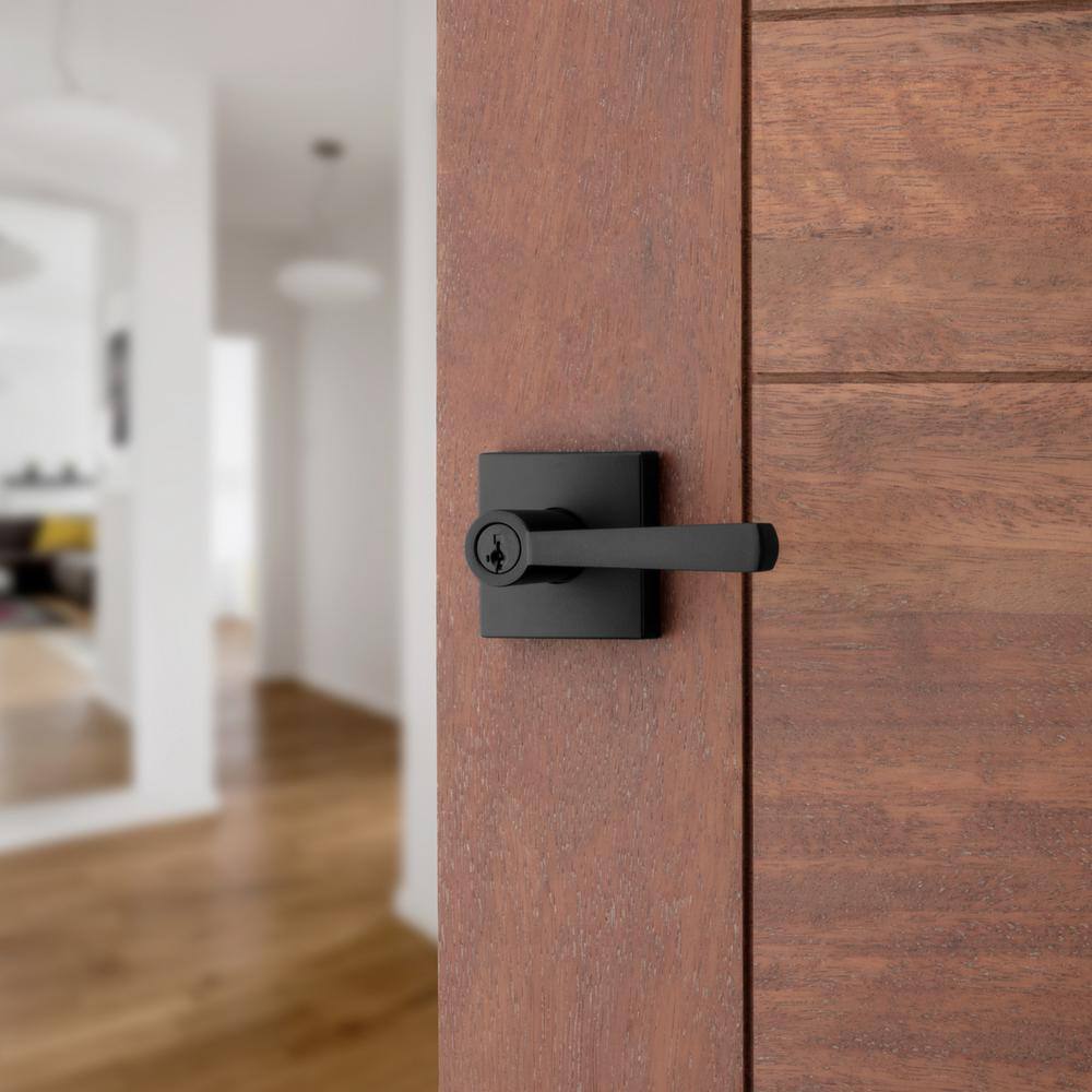 Baldwin Prestige Spyglass Matte Black Entry Door Handle Featuring SmartKey Security with Microban Antimicrobial Technology 354SPLSQR514SMT