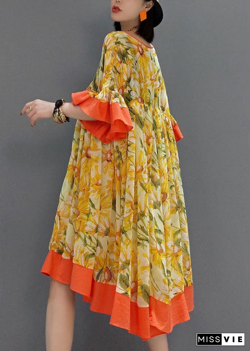 Fashion Orange V Neck wrinkled Print Chiffon Dress flare sleeve