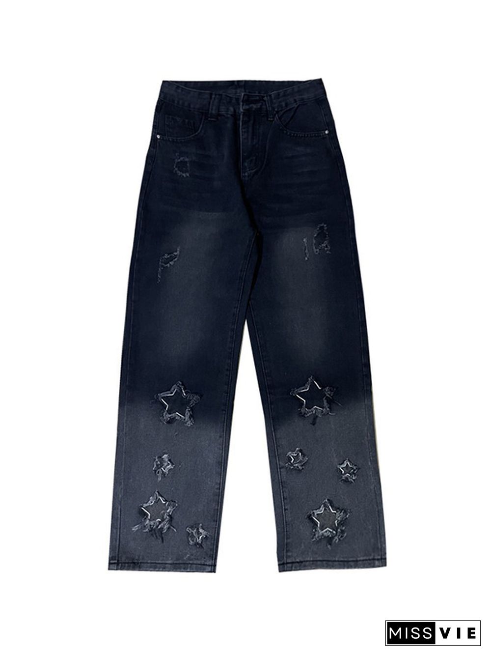 Raw Edge Star Embroidery Boyfriend Jeans