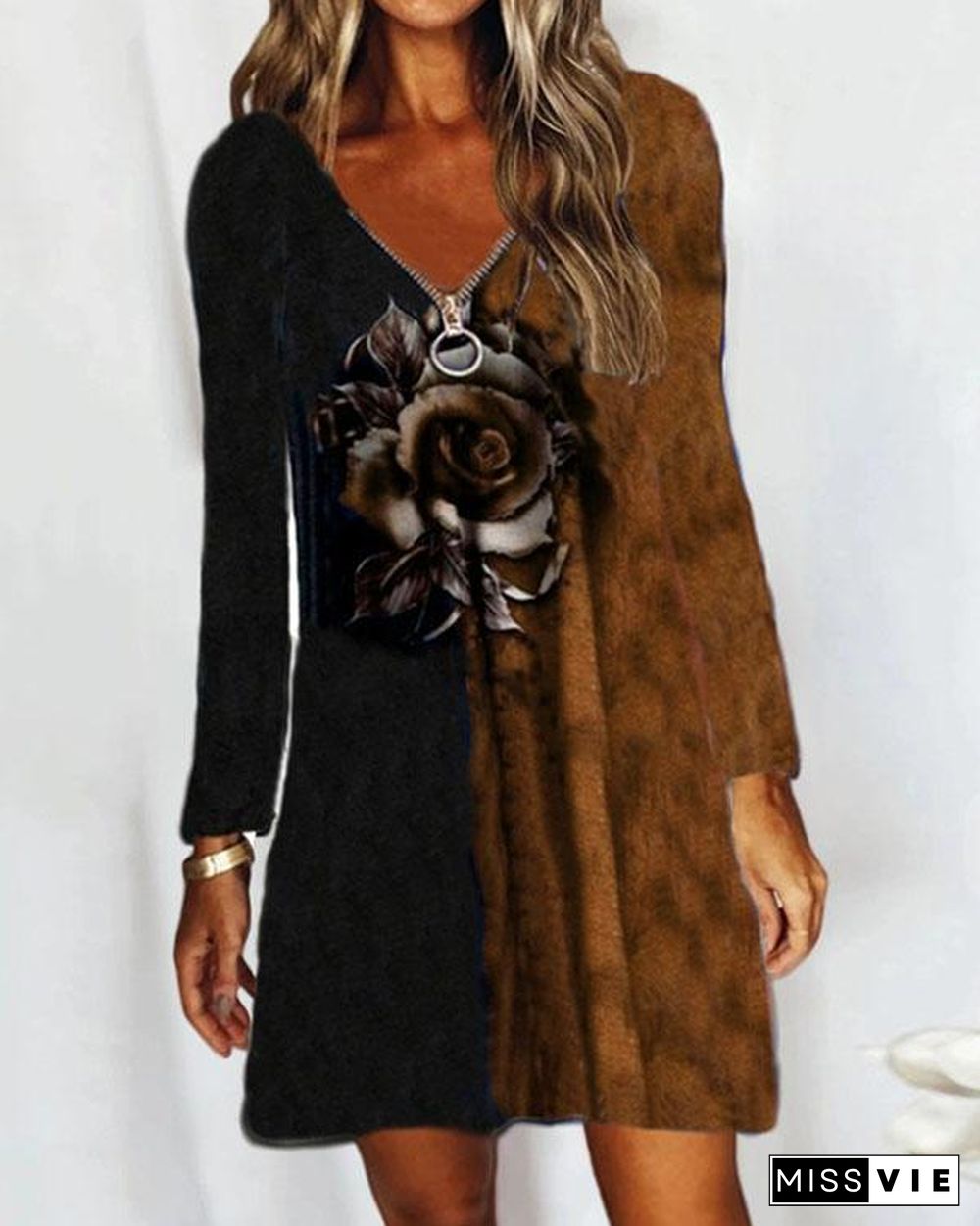 Casual V Neck Zipper Neck Long Sleeve Rose Print Contrast Dress