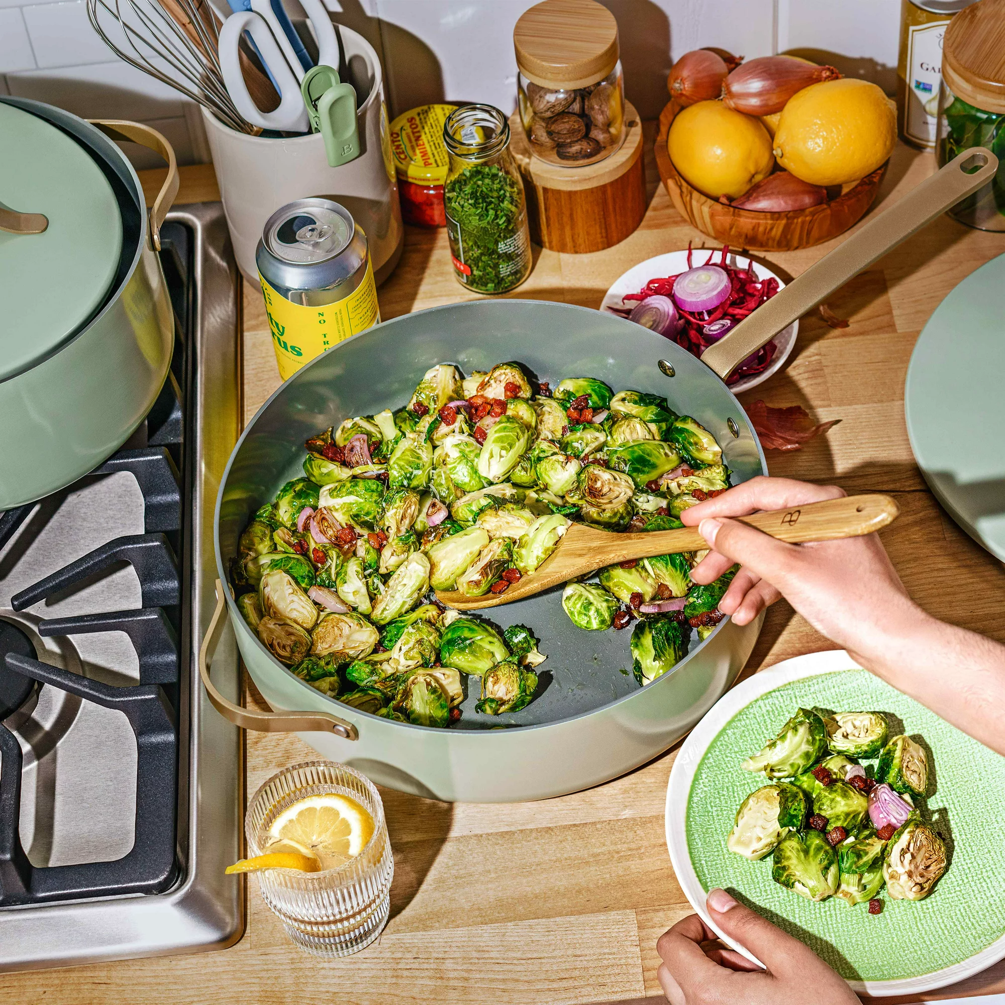 Beautiful 5.5 Quart Ceramic Non-Stick Saute Pan， Sage Green by Drew Barrymore