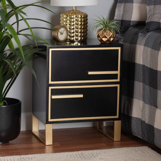 Giolla Wood And Metal 2 Drawer End Table Black gold Baxton Studio